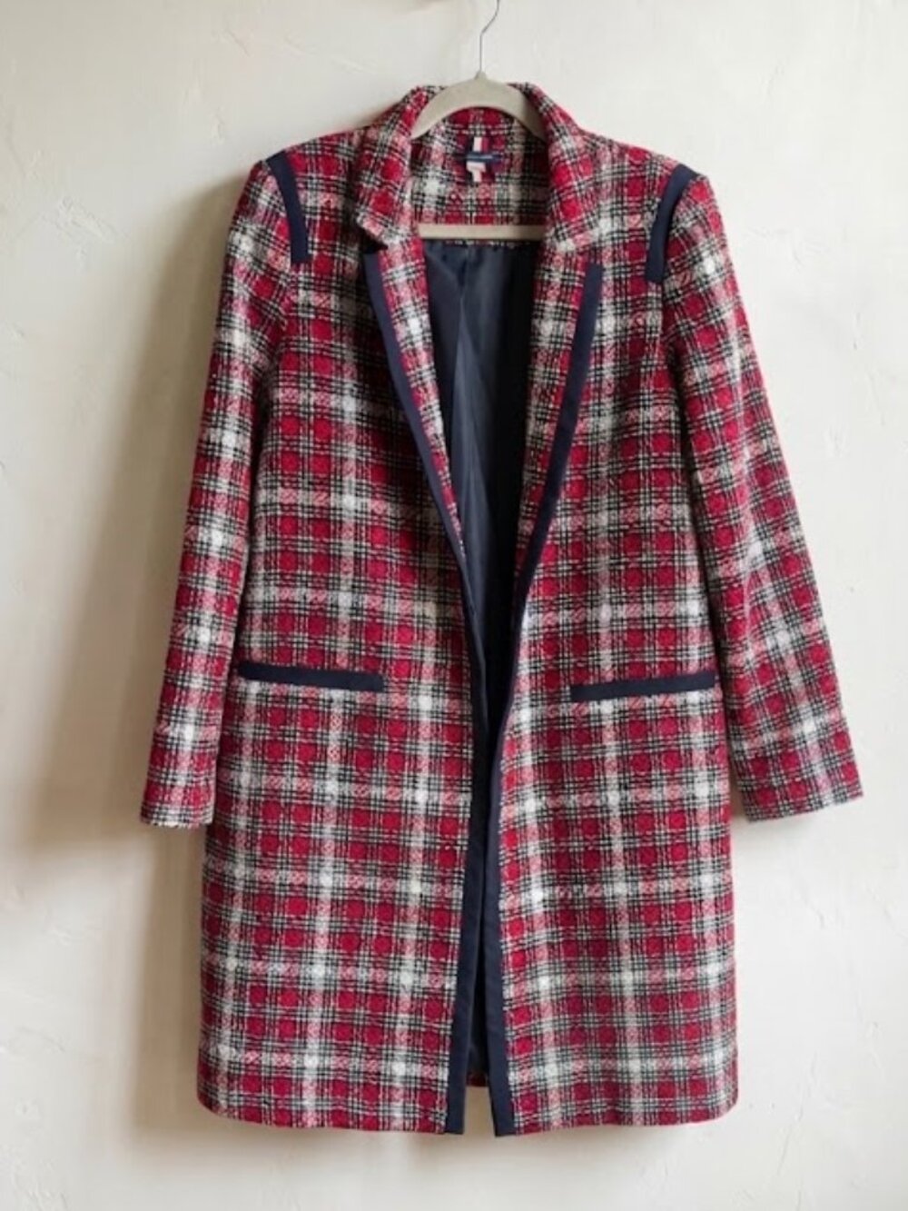 Tommy Hilfiger Women’s  Red Tweed Topper Jacket Open Front Blazer 14 Structured